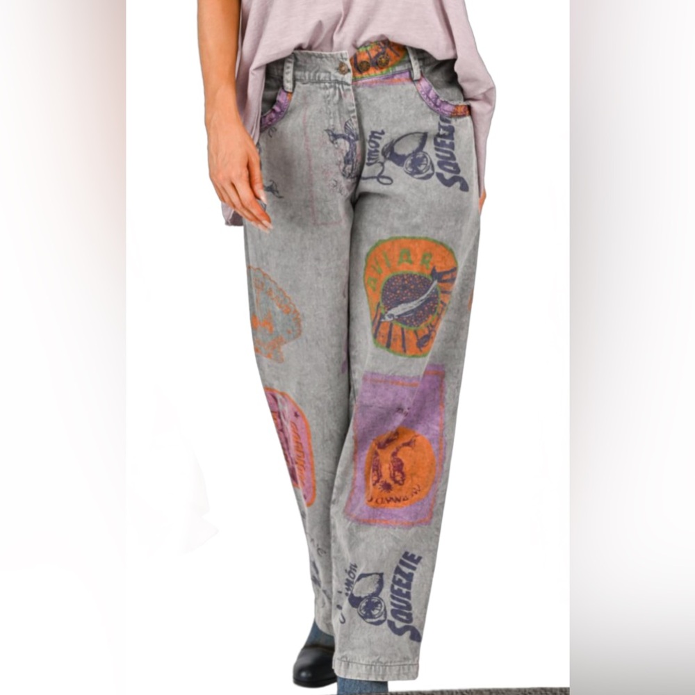 Graphic Patchwork Acid-Wash Wide Leg Pants in Lavender & Orange
